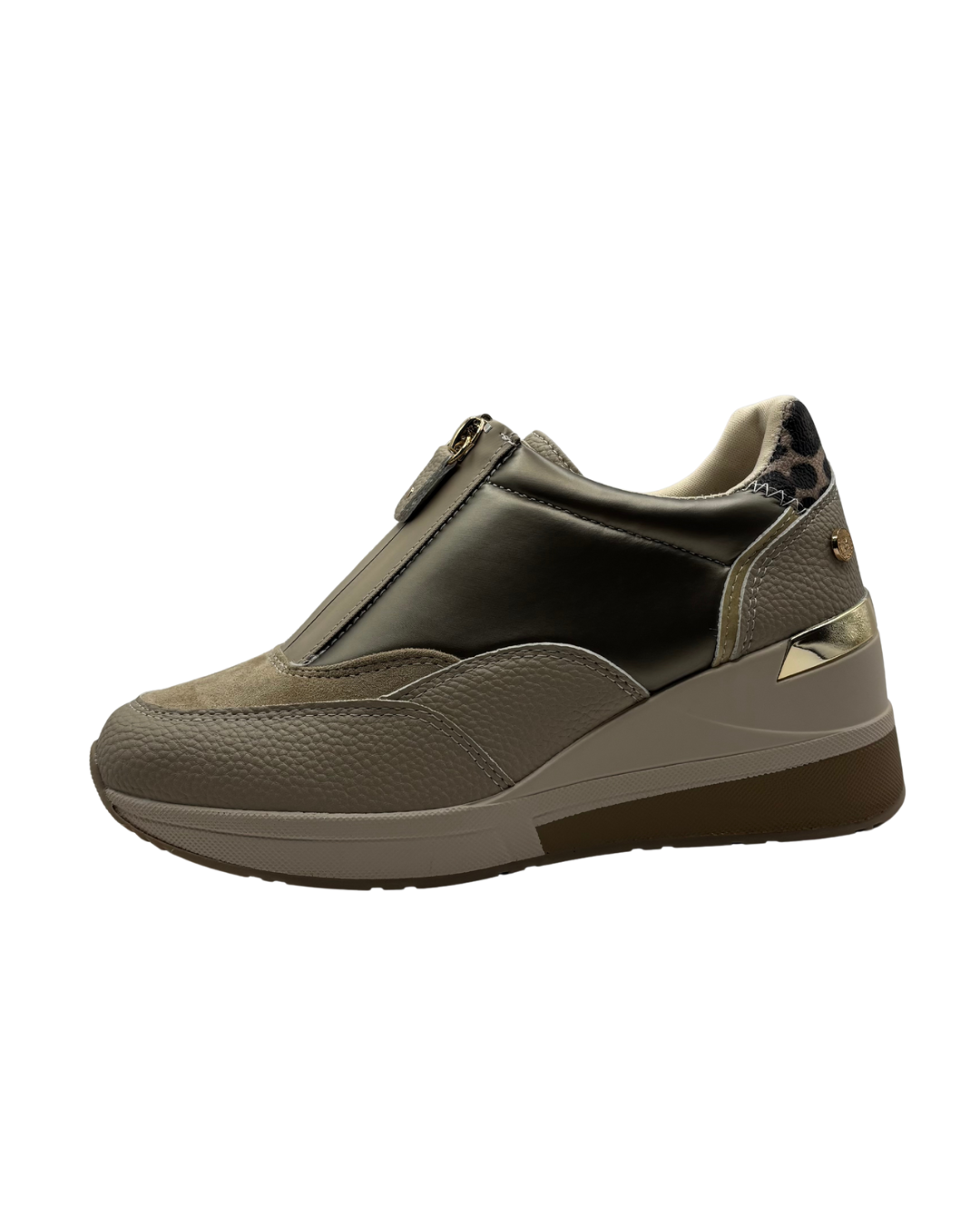 XTI Beige and Gold Wedged Trainers with Leopard Print Detail