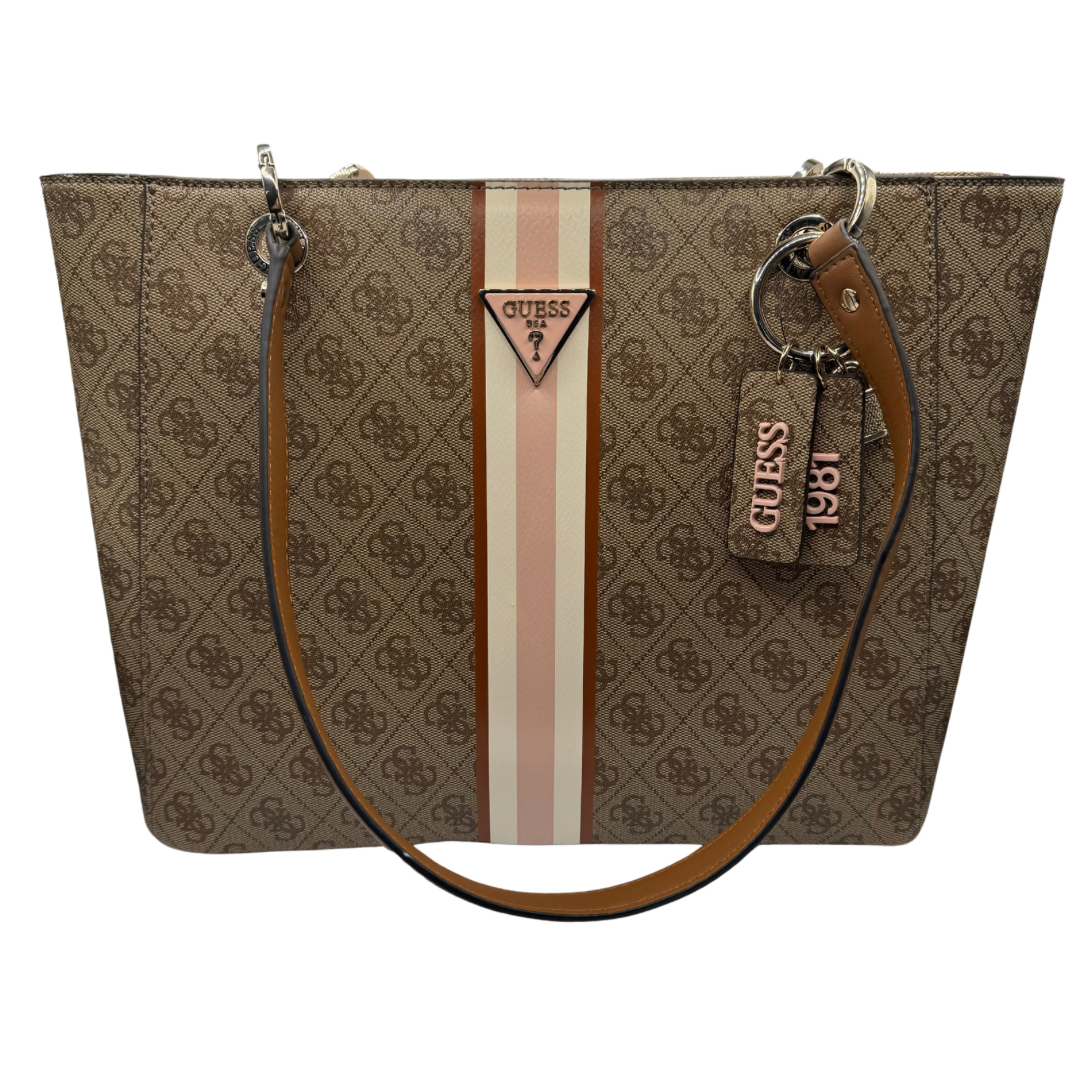 Guess Light Brown Logo Print Handbag with Pink Stripe