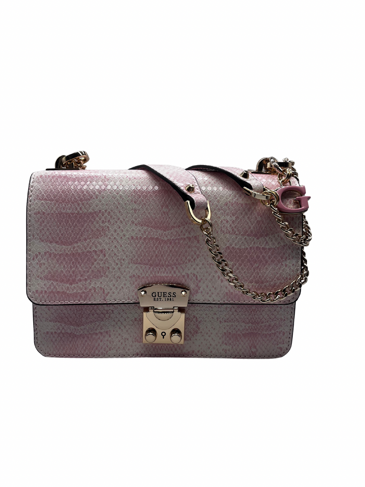 Guess Pink and White Croc Print Crossbody Bag