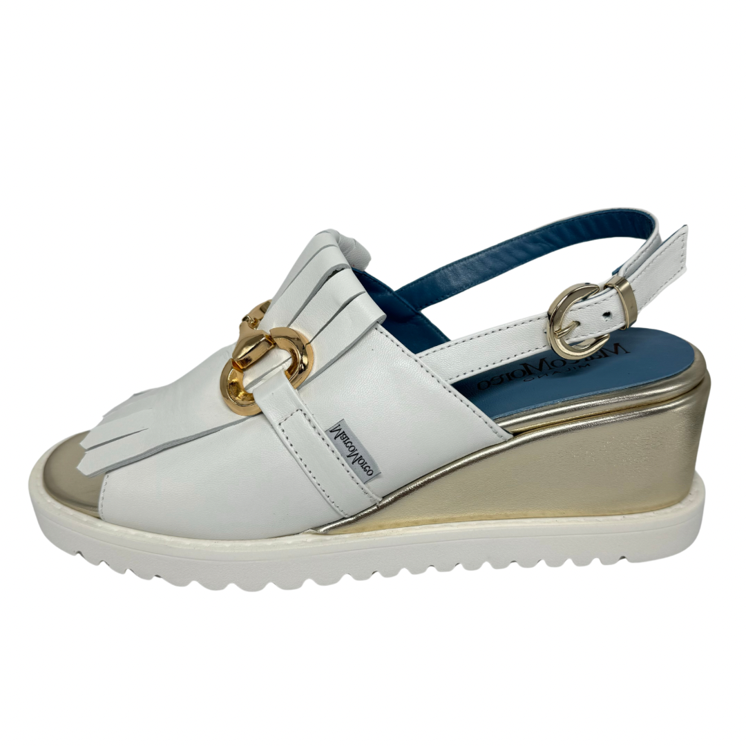 Marco Moreo White Leather Slingback Wedge with Gold Detail