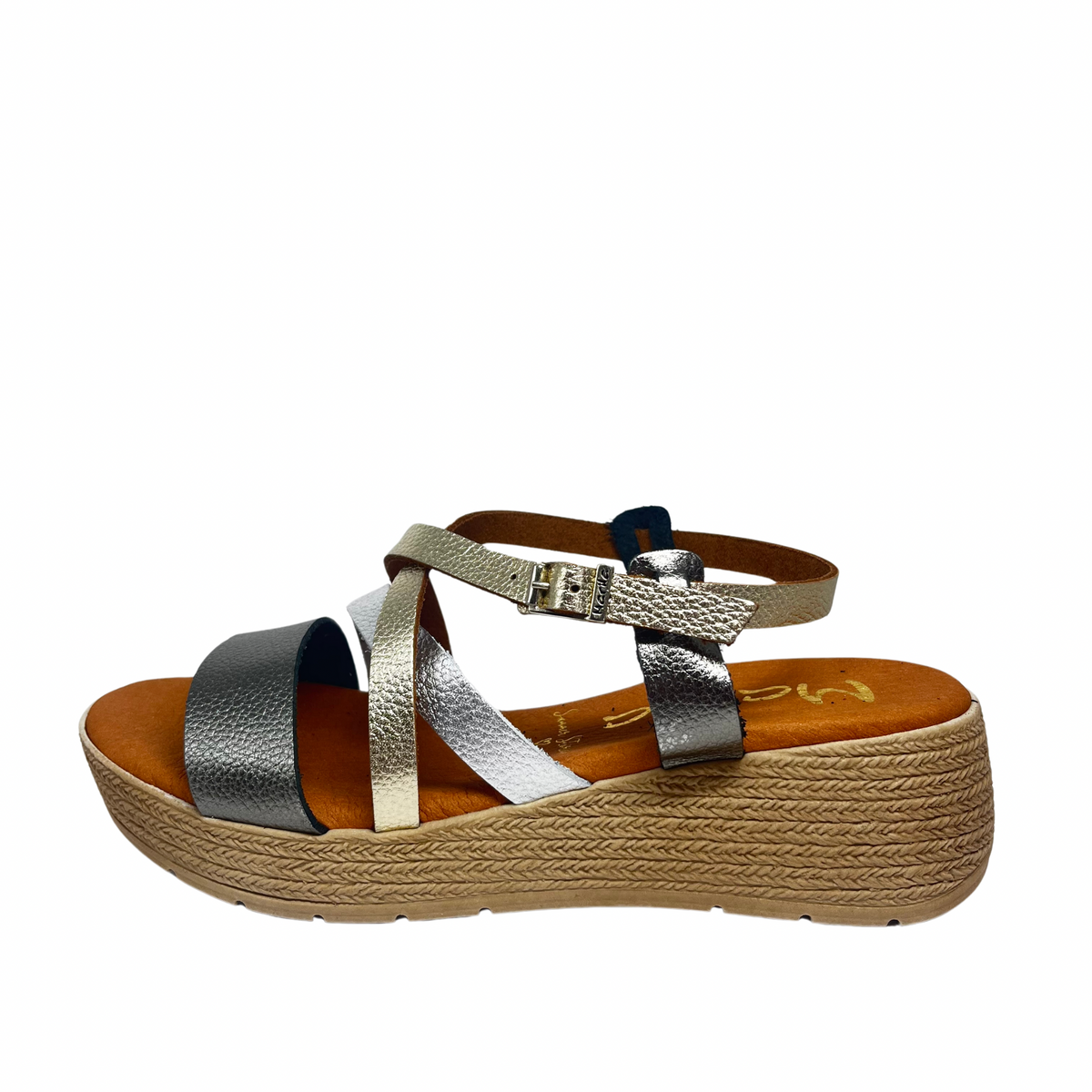 Marila Wedge Leather Sandal With Metallic Strap Details