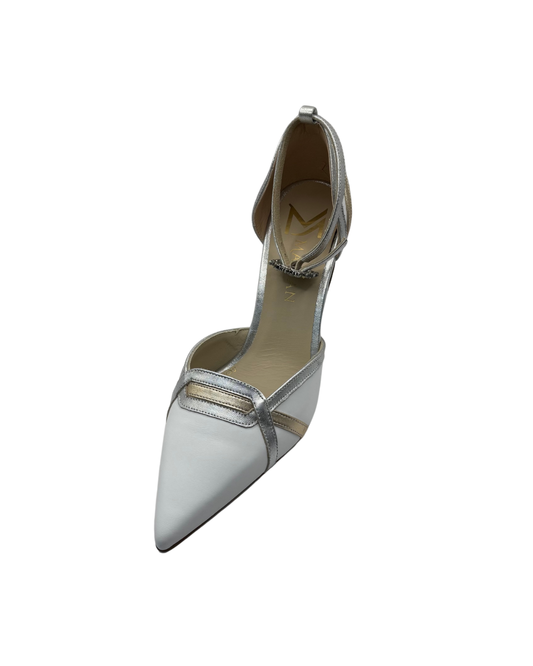 Marian White, Gold and Silver Heel with Sparkle Buckle Detail