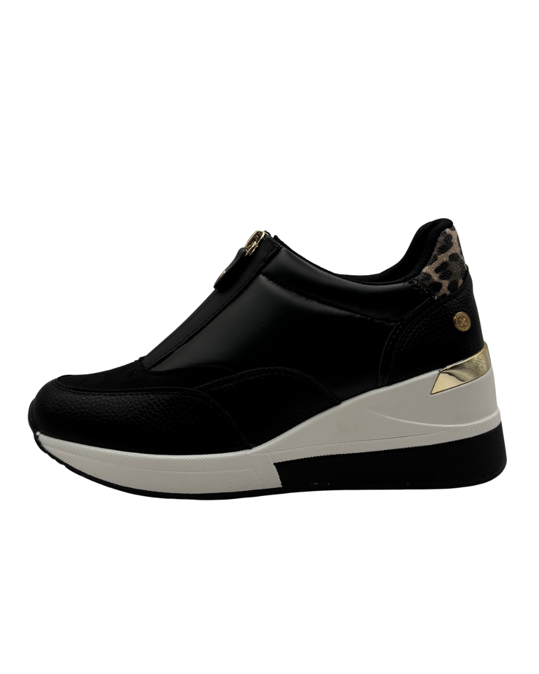 XTI Black Wedged Trainer with Leopard Print Detail
