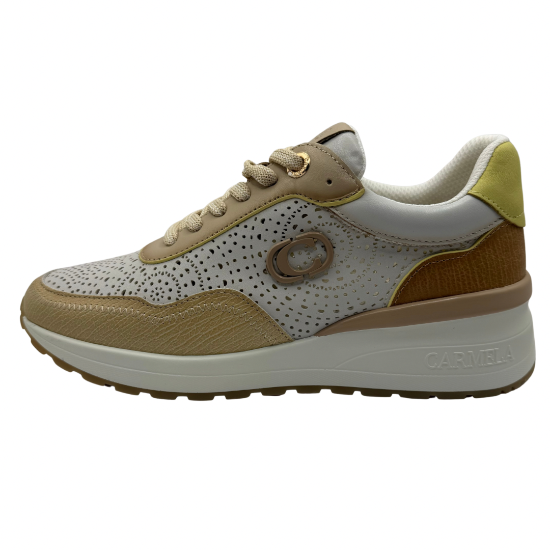 Carmela White, Brown &amp; Yellow Perforated Trainers