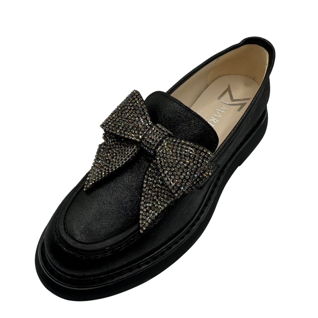 Marian Black Loafers with Diamanté Bow