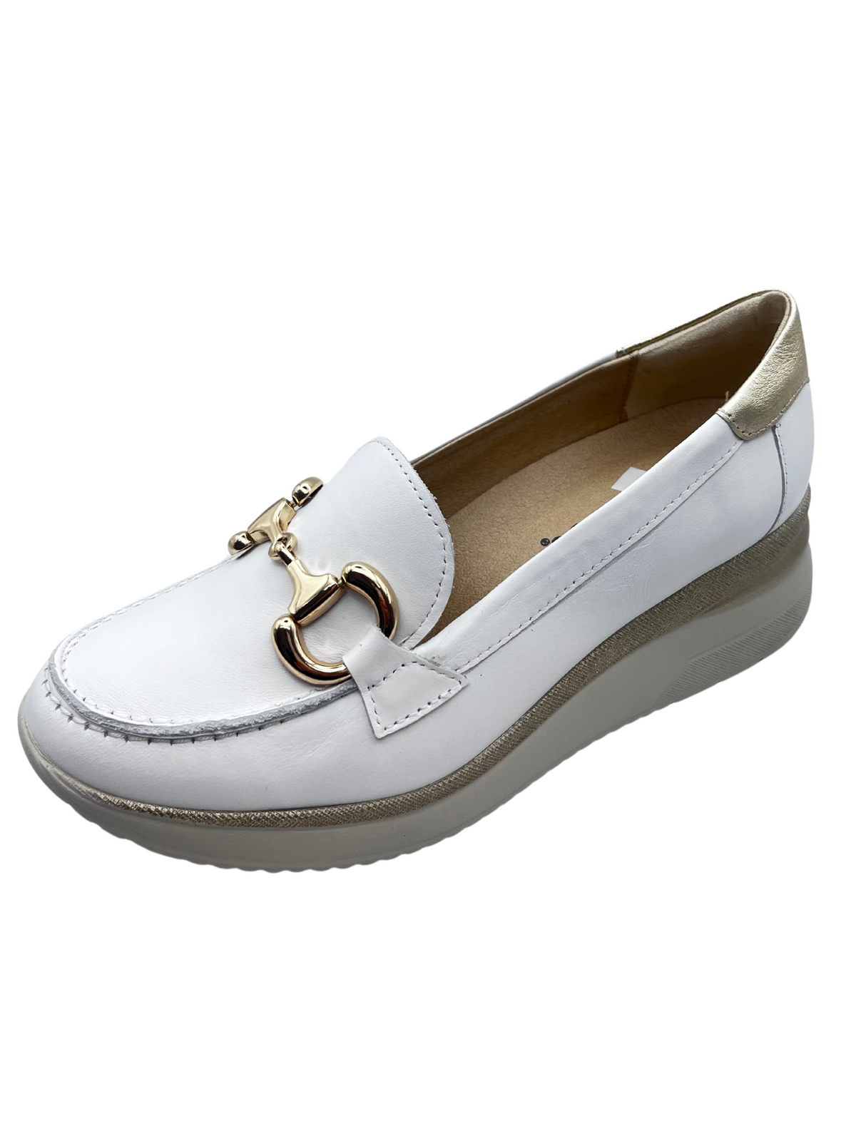 Pitillos White Leather Wedge Loafer With Gold Detail