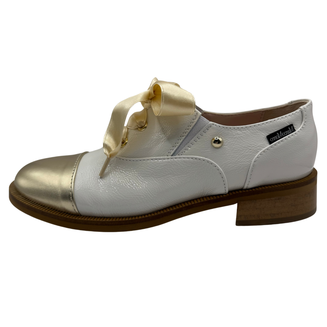 Marco Moreo White &amp; Gold Leather Shoe with Ribbon Laces