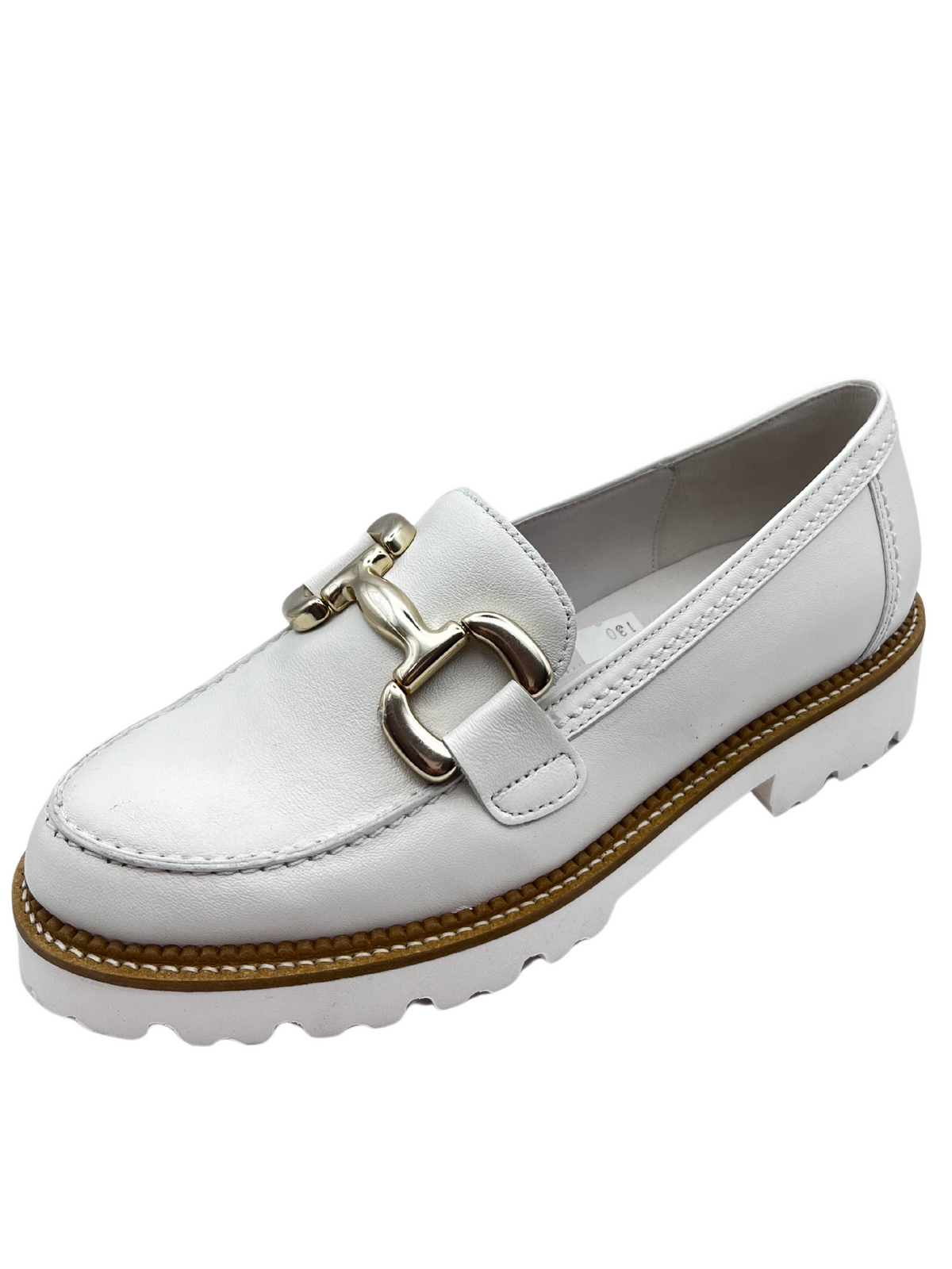 Gabor White Leather Loafer With Gold Chain Detail