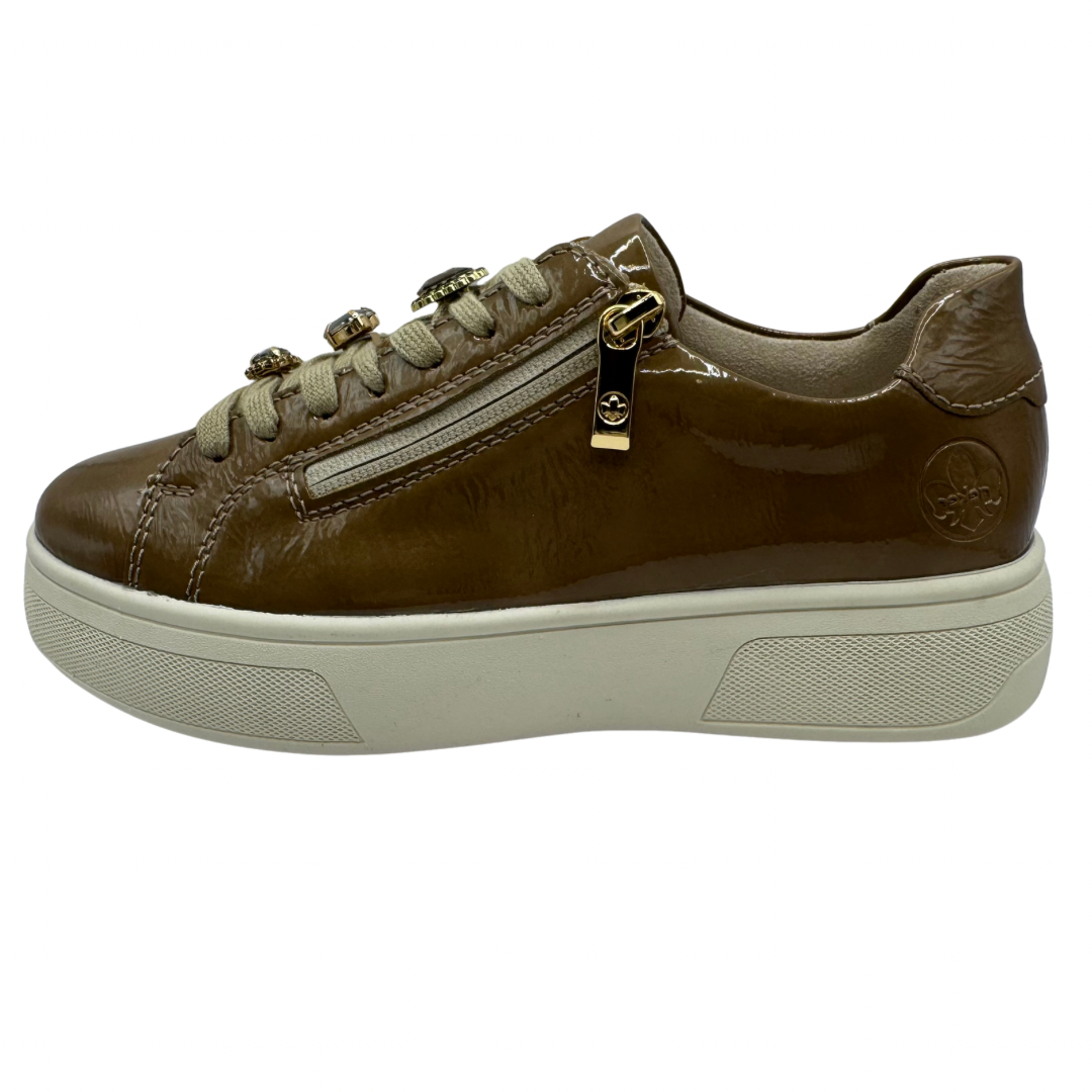 Rieker Beige Patent Trainers with Jewel Detail and Side Zip