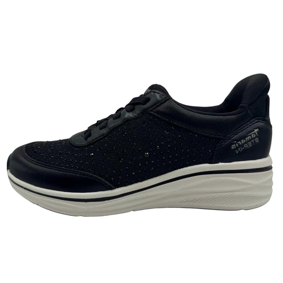 Tamaris Black Wedge Trainers with Diamanté Ddtail and Elasticated Laces