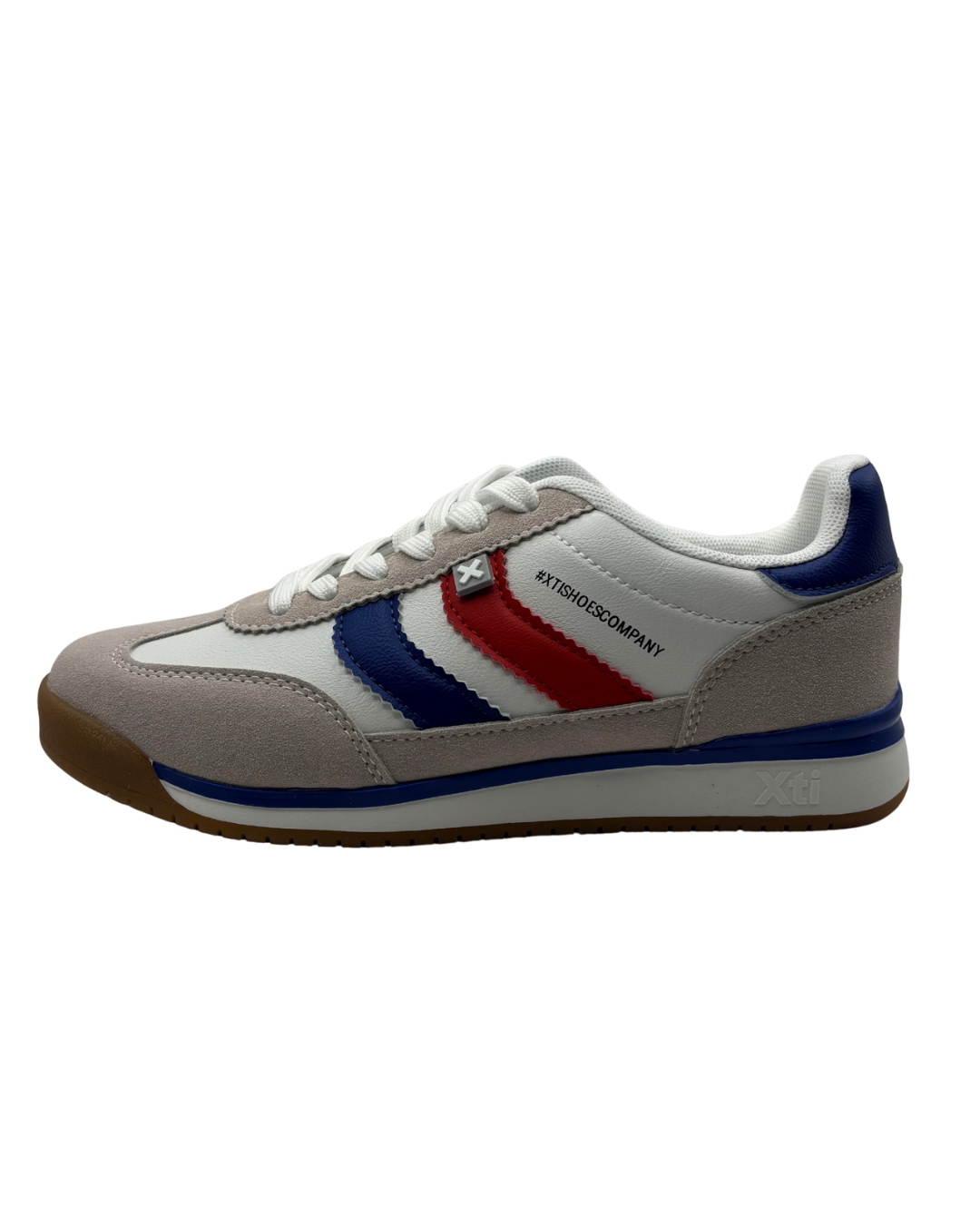 XTI White and Beige Suede Trainers with Blue and Red Detail