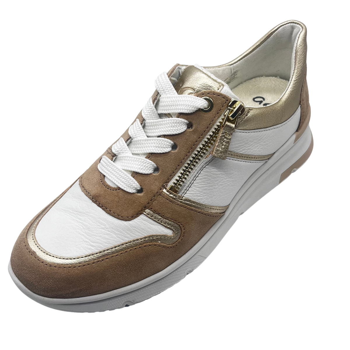 Ara White, Tan and Gold Trainers With Side Zip