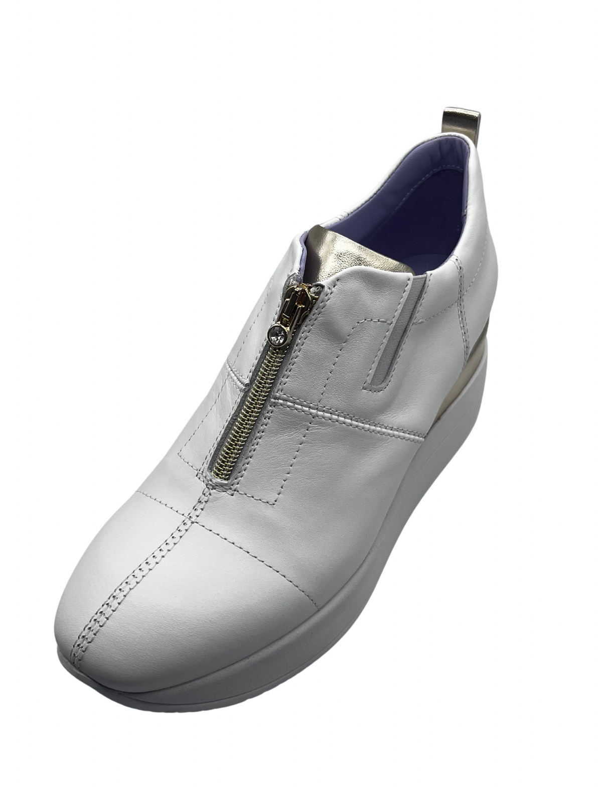 Marco Moreo White Leather Wedge Trainer With Front Zip