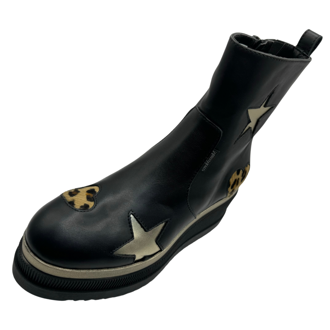 Marco Moreo Wedge Stars &amp; Heart Black Leather Boots