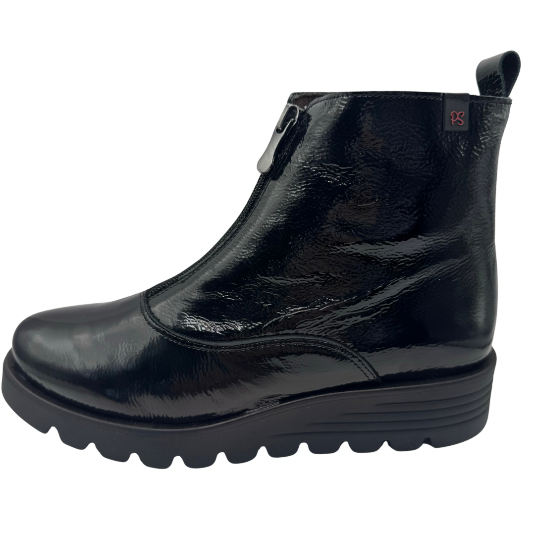 Pepe Saenz Black Patent Wedge Boot with front Zip