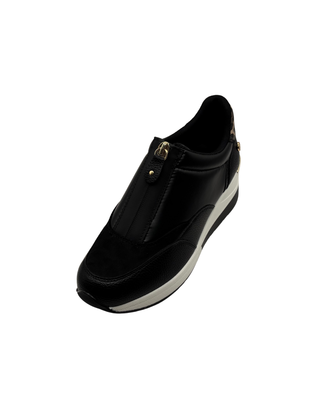 XTI Black Wedged Trainer with Leopard Print Detail