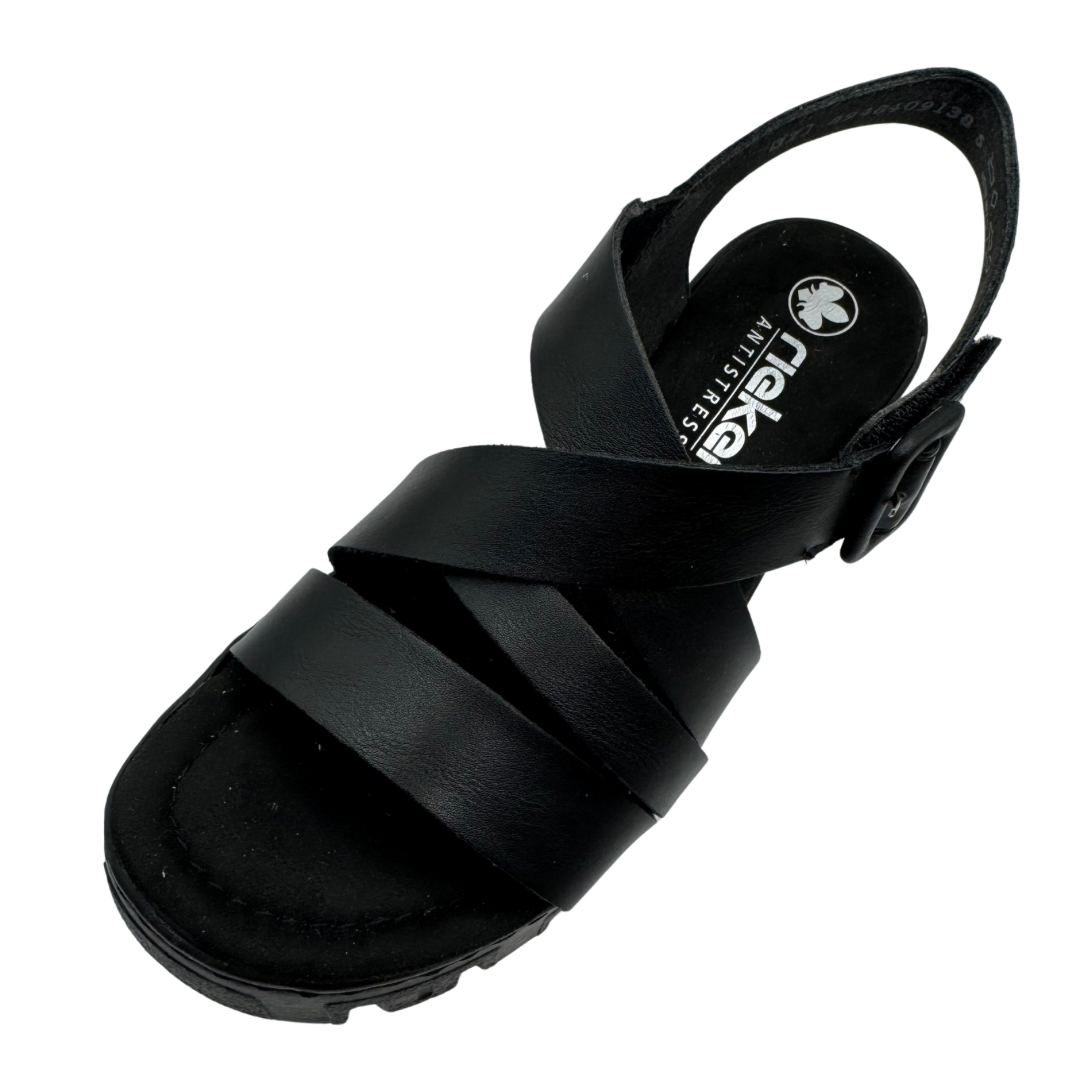 Rieker Black Wedge Leather Sandals with Velcro Strap