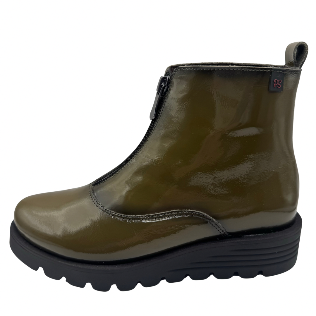 Pepe Saenz Green Patent Wedge Boot with front Zip