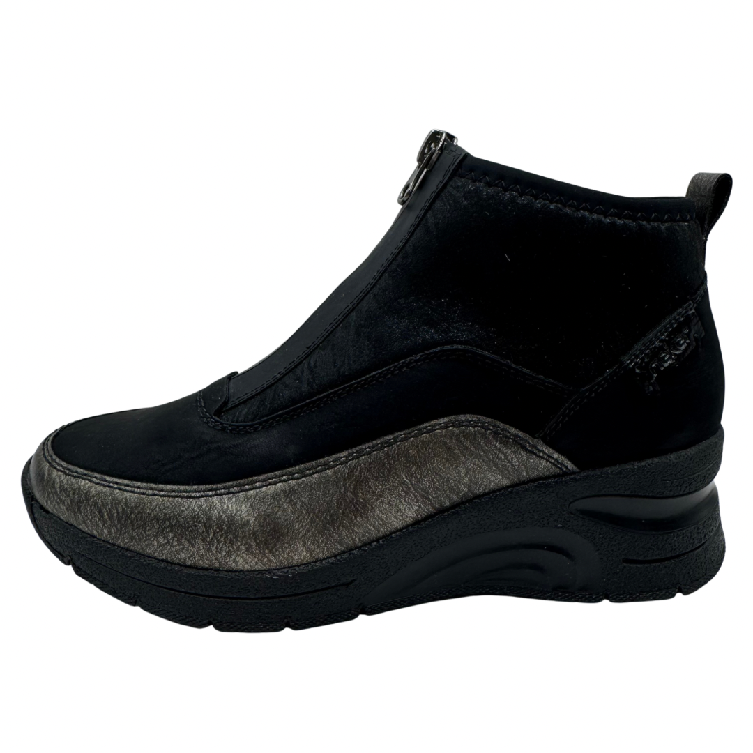 Rieker Black &amp; Bronze Wedged Trainer Boot with Front Zip