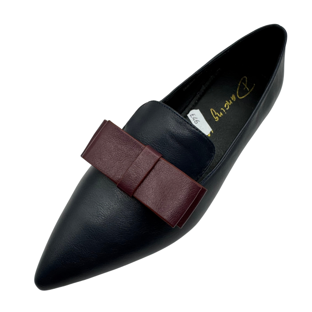 Dancing Matilda Navy Pointed Loafers with Burgundy Bow Detail