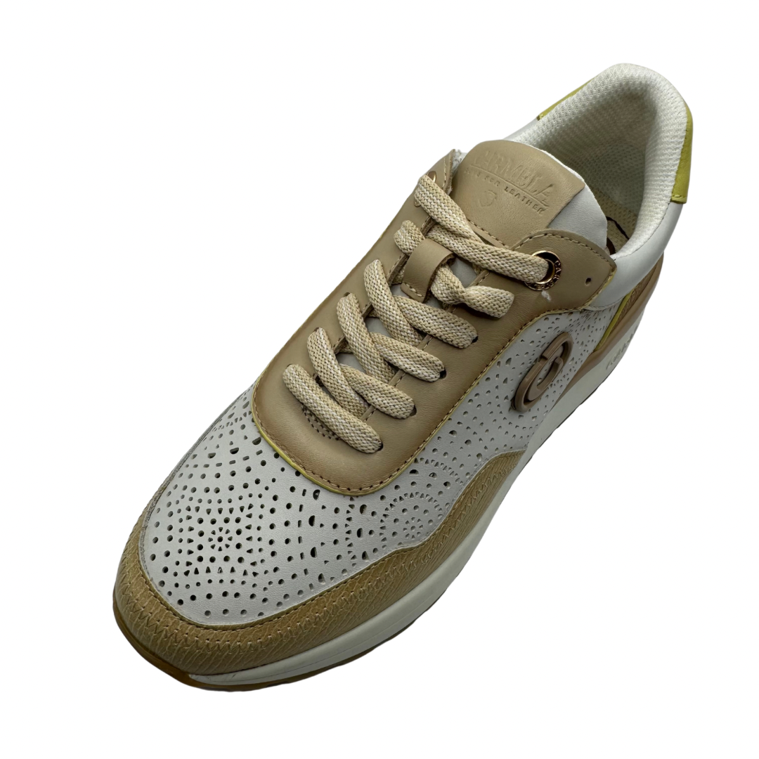 Carmela White, Brown &amp; Yellow Perforated Trainers