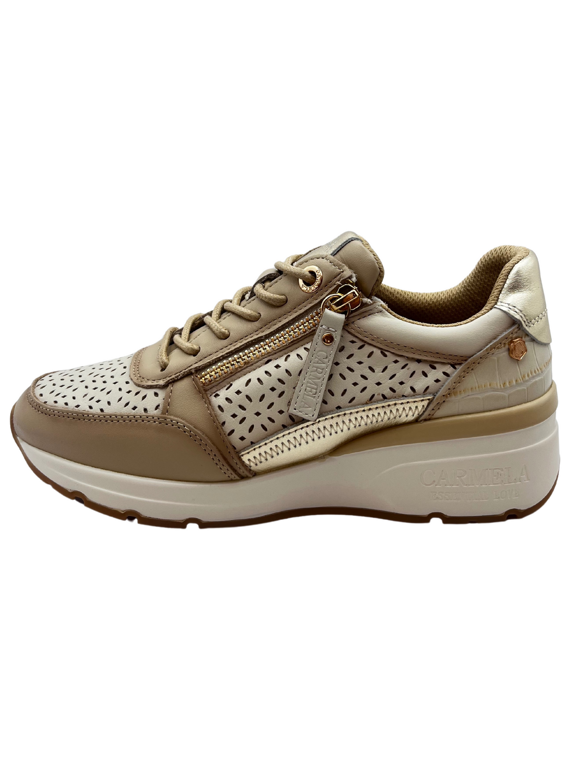 Carmela Beige and Gold Perforated Trainers With Side Zip