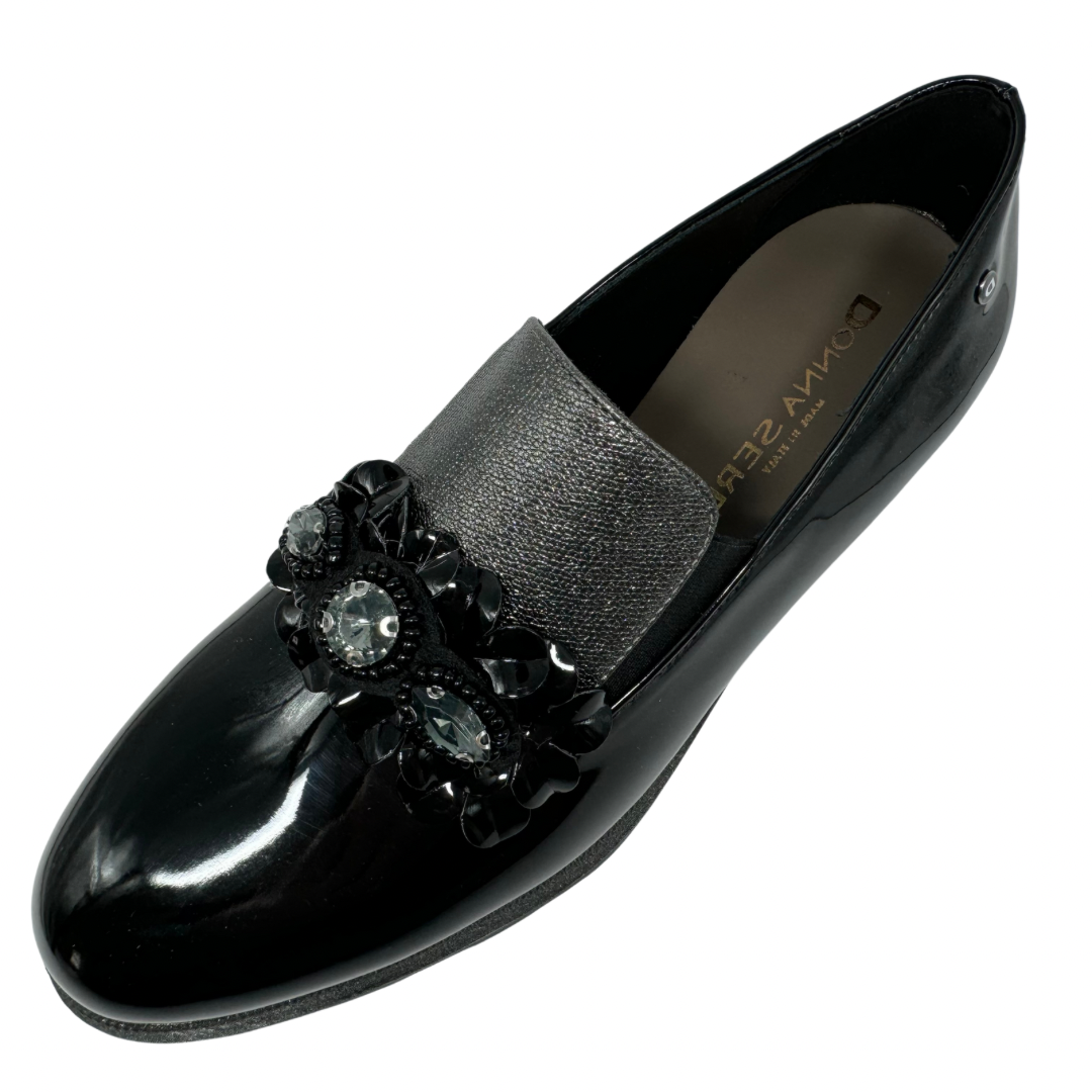 Donna Serena Black Patent and Silver Leather Wedge Loafers