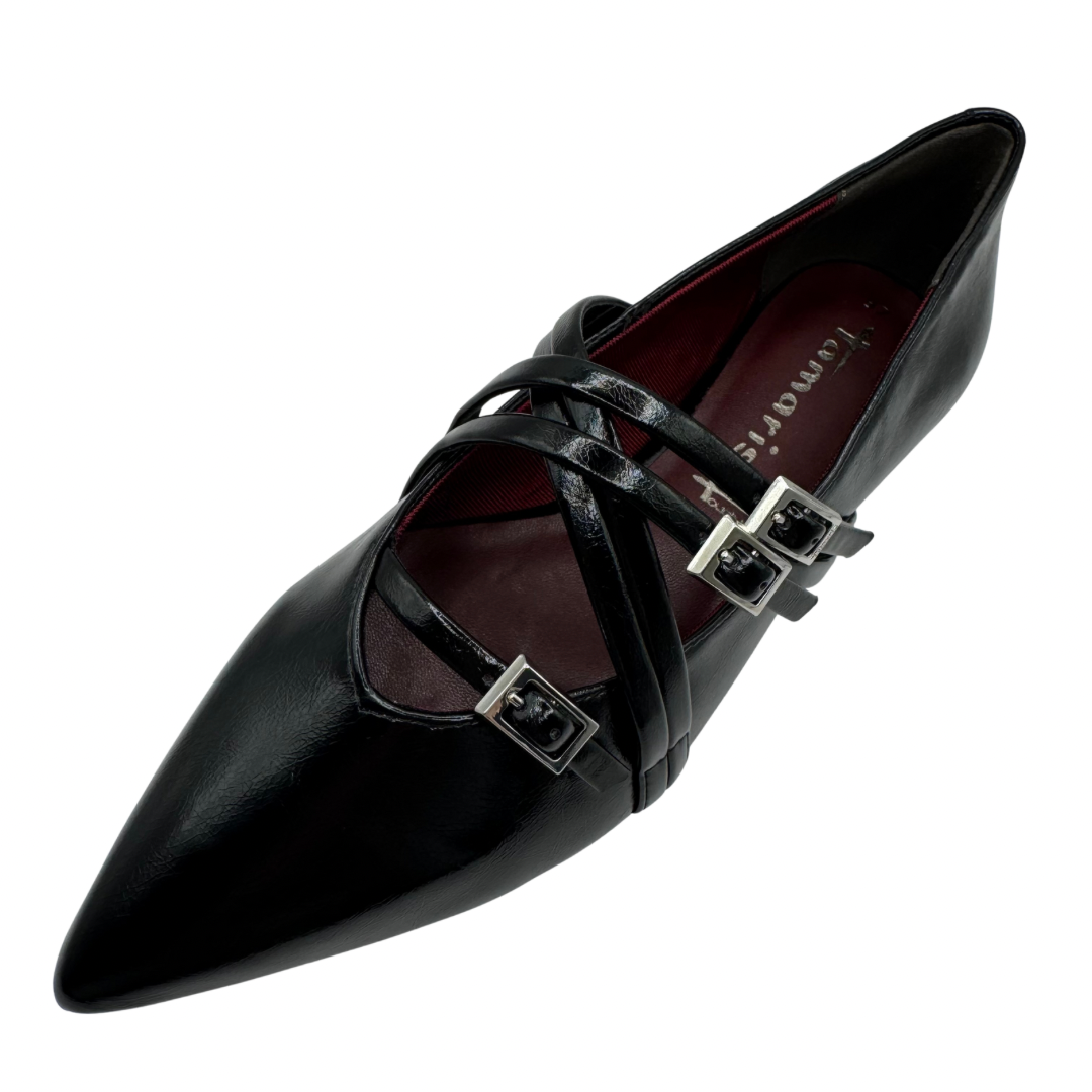 Tamaris Black Patent Pointed Shoe with 3 Buckle Detail