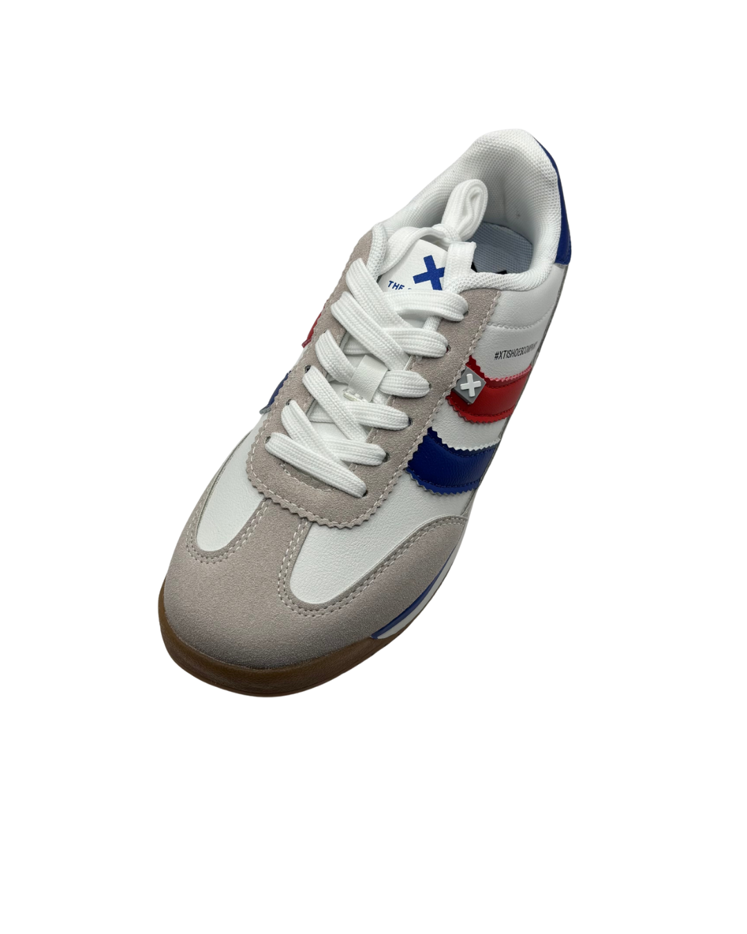 XTI White and Beige Suede Trainers with Blue and Red Detail