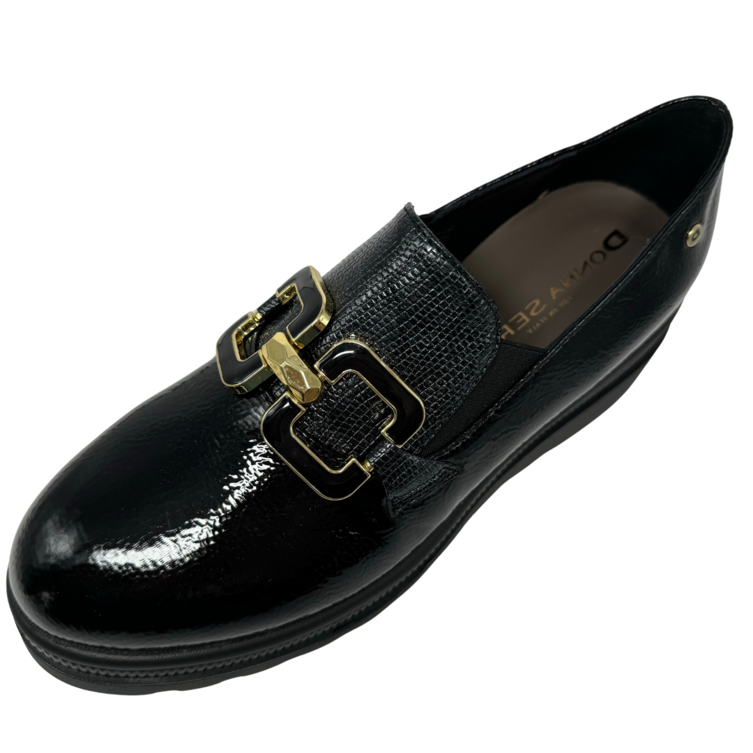 Donna Serena Black Patent and Gold Wedged Leather Loafer