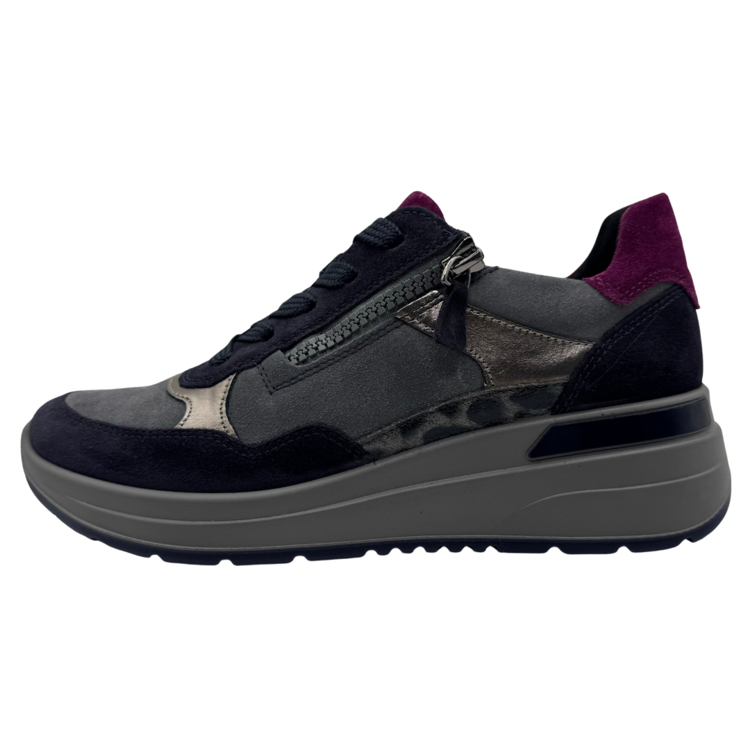 Ara Navy &amp; Grey Trainers with Purple Detail