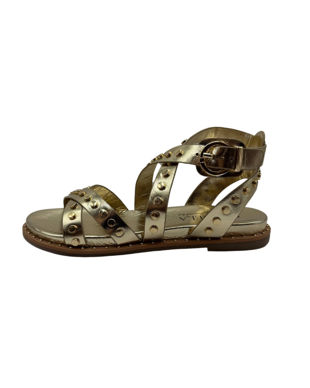 Carmela Gold Cross Strap Sandal