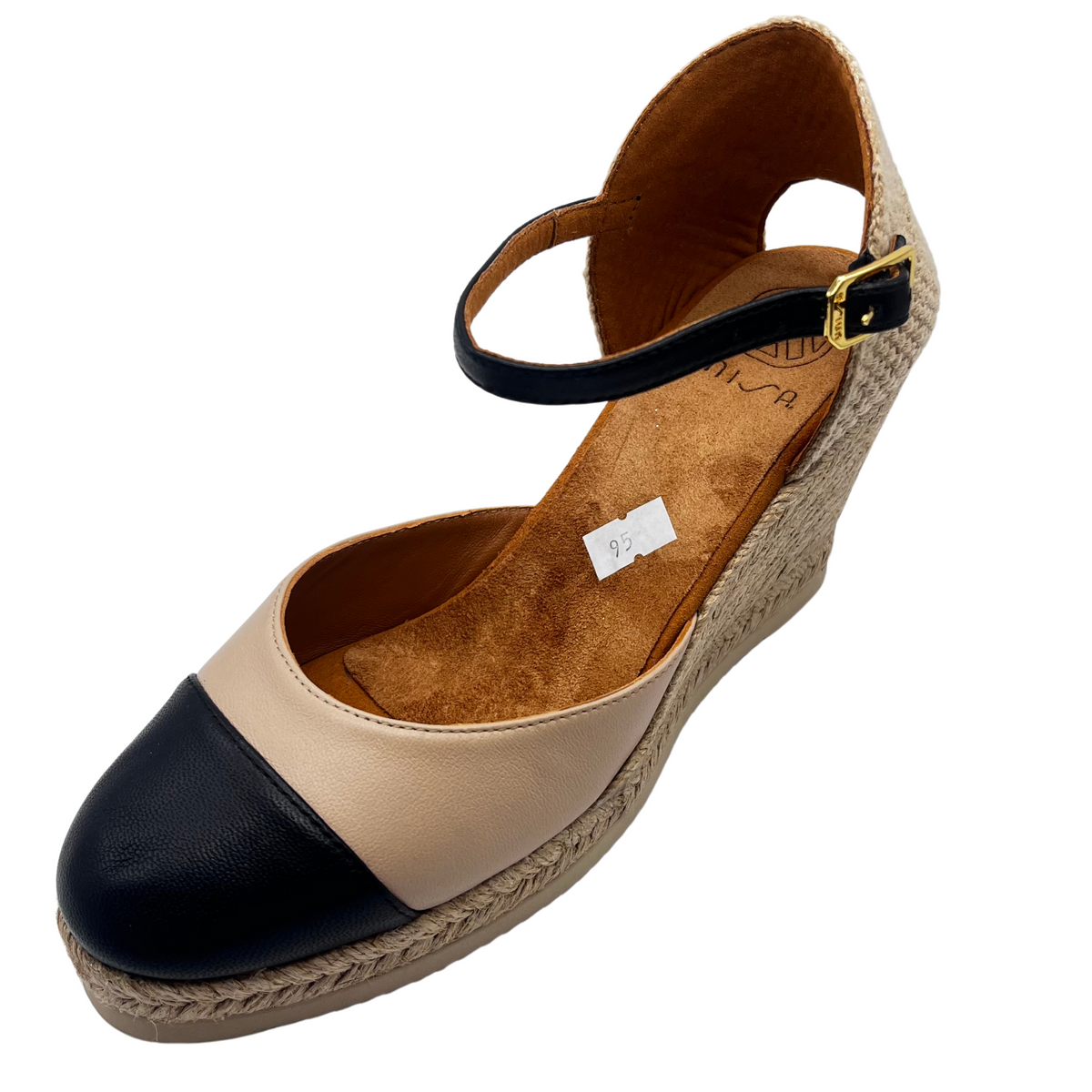 Unisa Leather Beige and Black Wedge With Woven