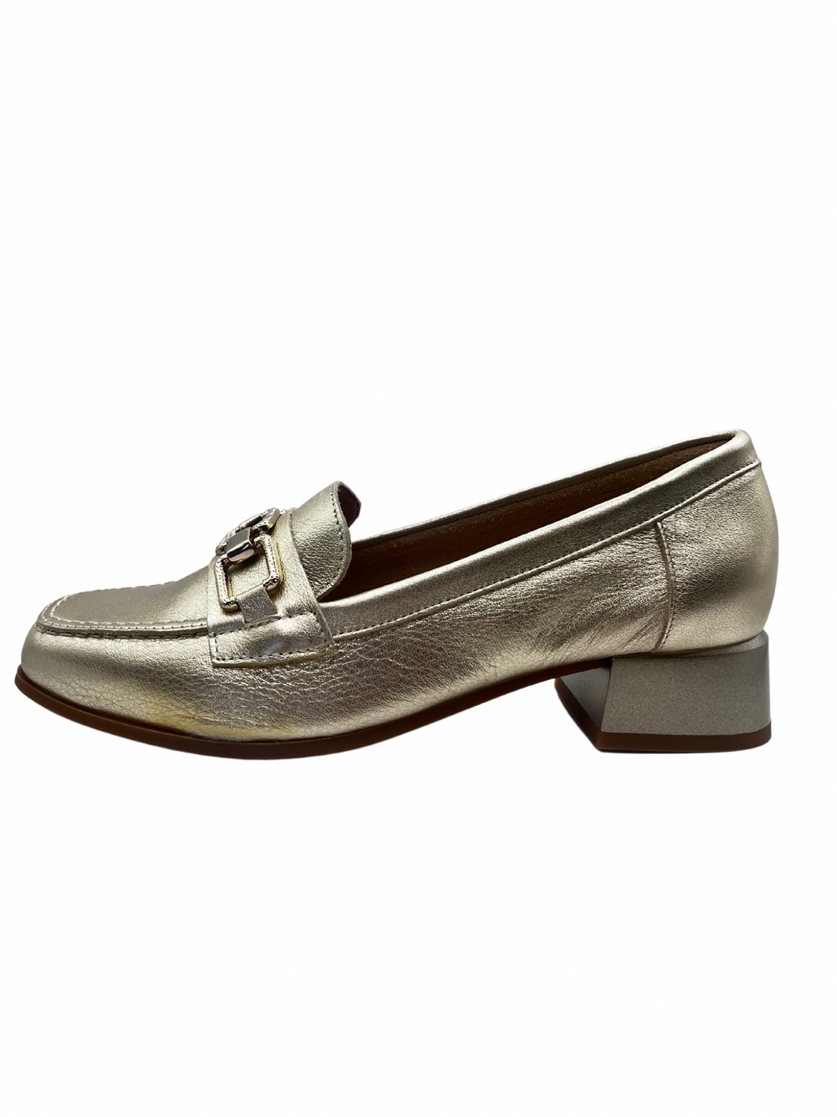 Pitillos Gold Leather Block Heel Loafer