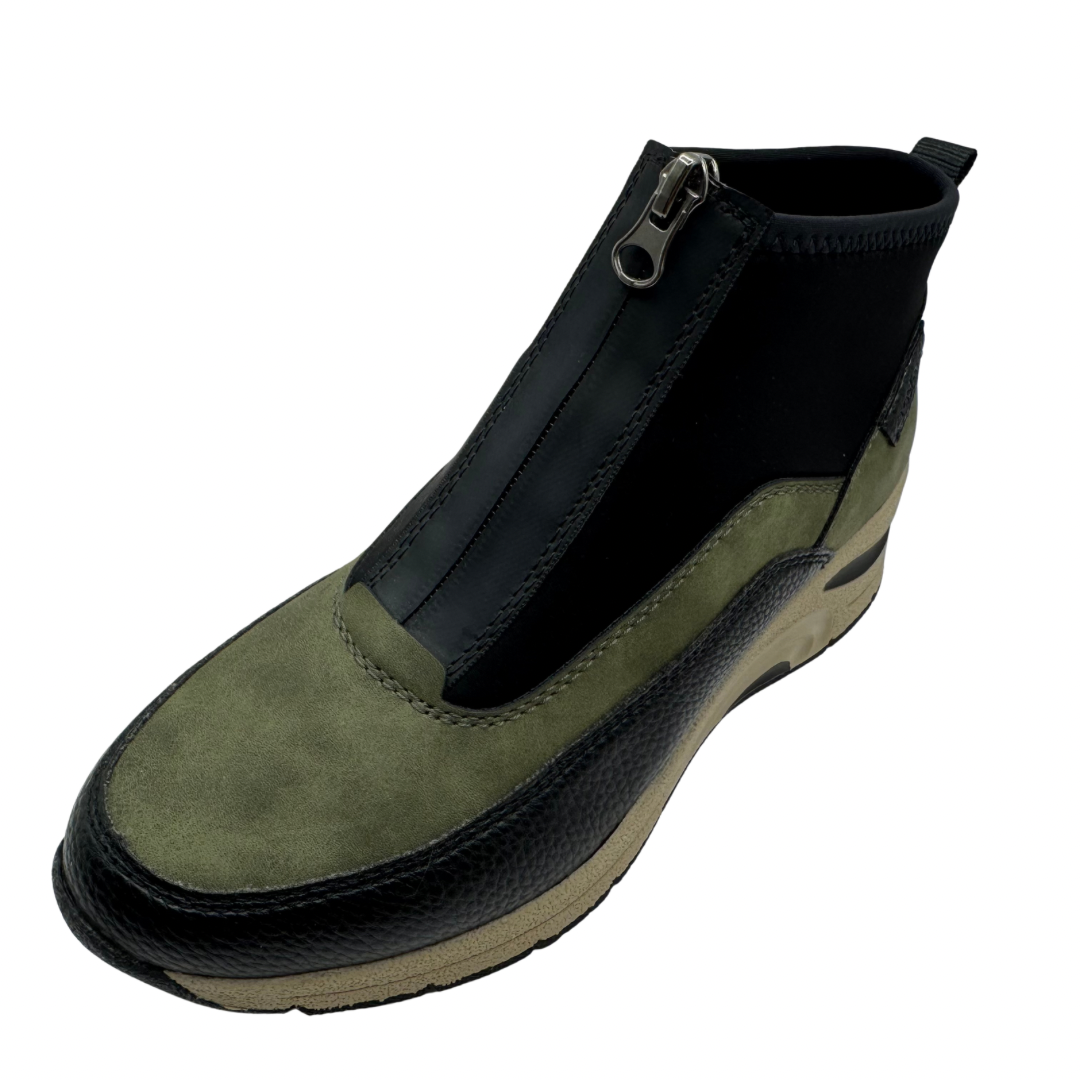 Rieker Green &amp; Black Wedged Trainer Boots with Front Zip