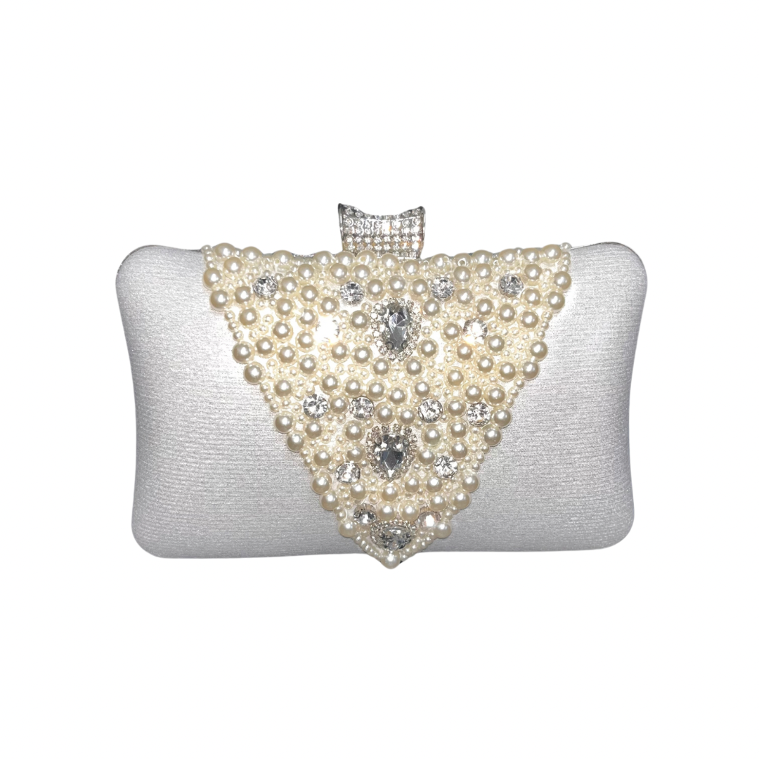White Shimmer Clutch with Pearls and Diamantés