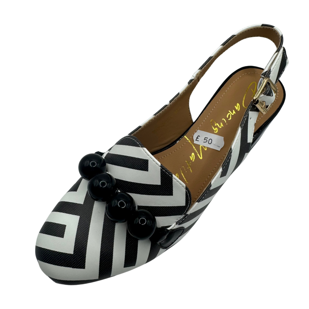 Dancing Matilda Black &amp; White Patterned Block Heel with Buckle Strap