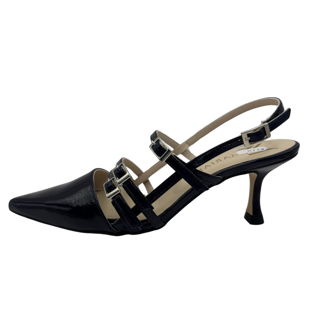 Marian Navy Patent Kitten Heel with 3 Buckle Straps
