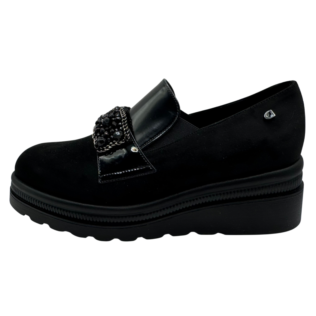 Donna Serena Black Platform Wedge Loafer