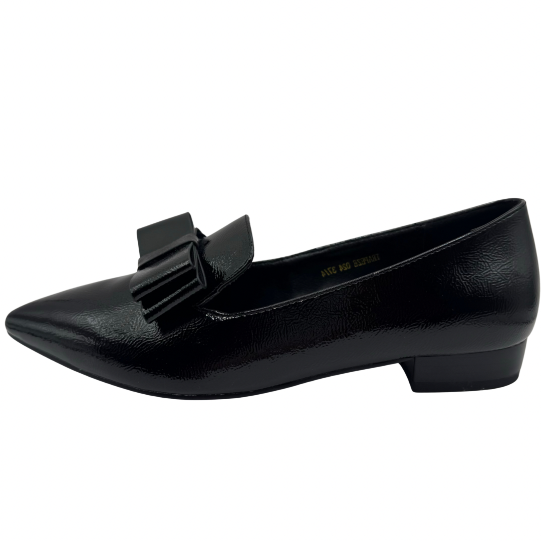 Dancing Matilda Black Patent Pointed Loafers with Bow Detail