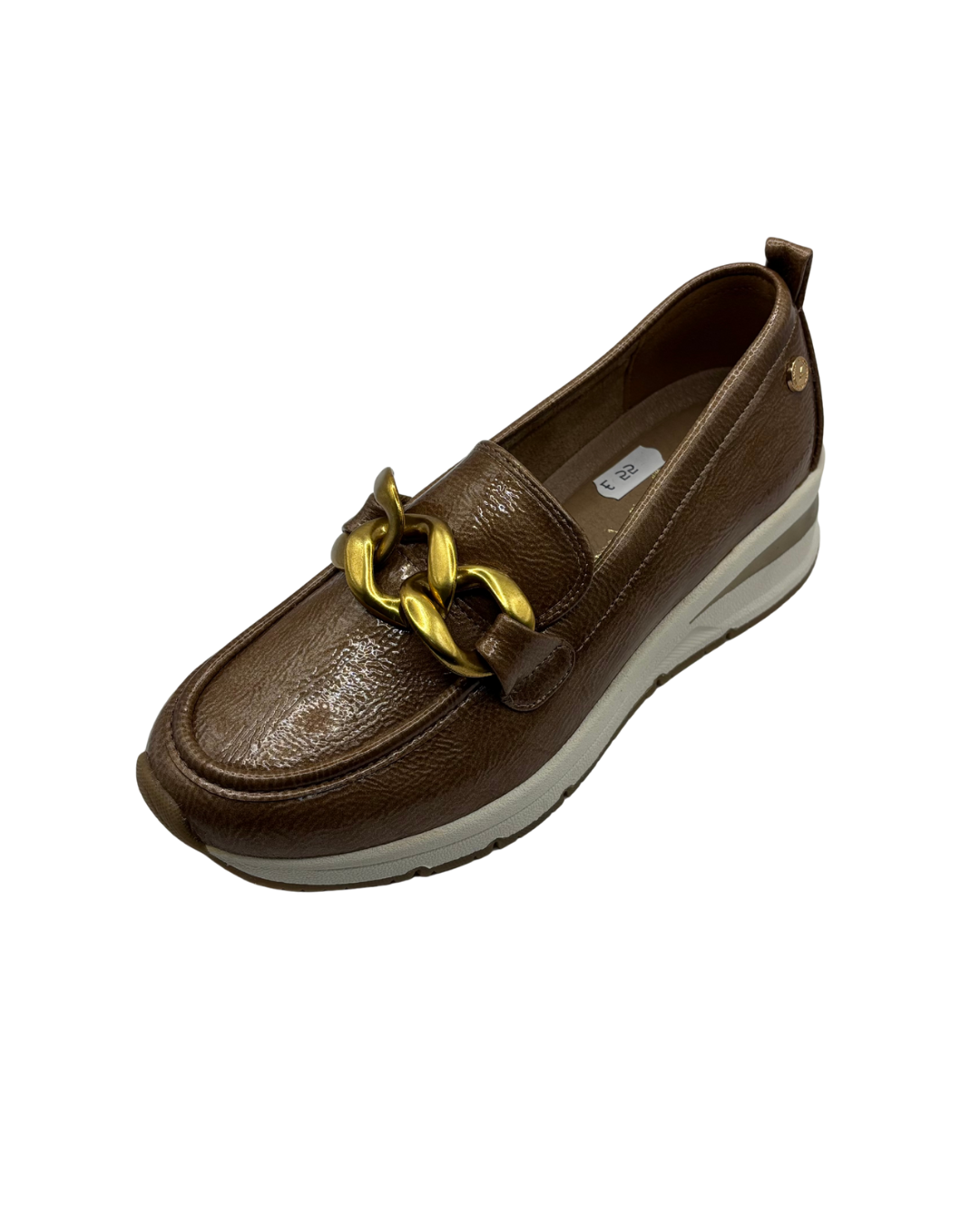 XTI Brown Wedged Loafer with Gold Buckle Detail