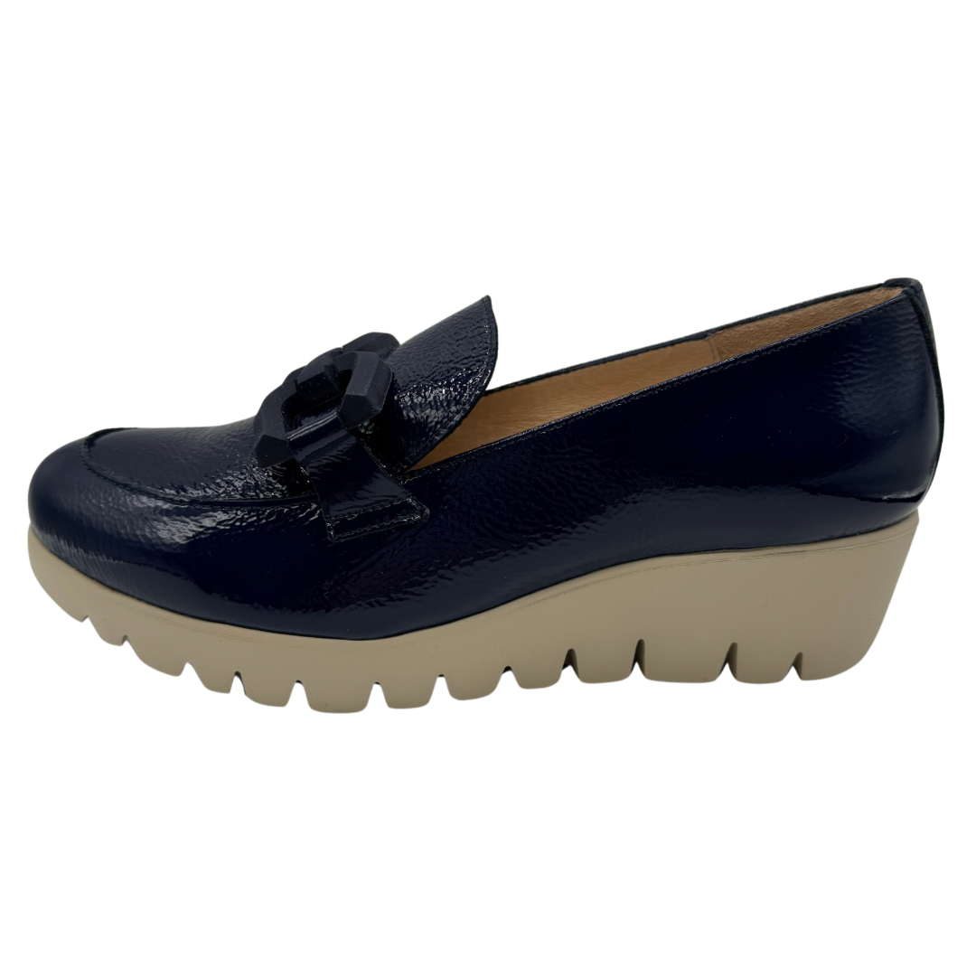 Wonders Navy Patent Wedge Loafer