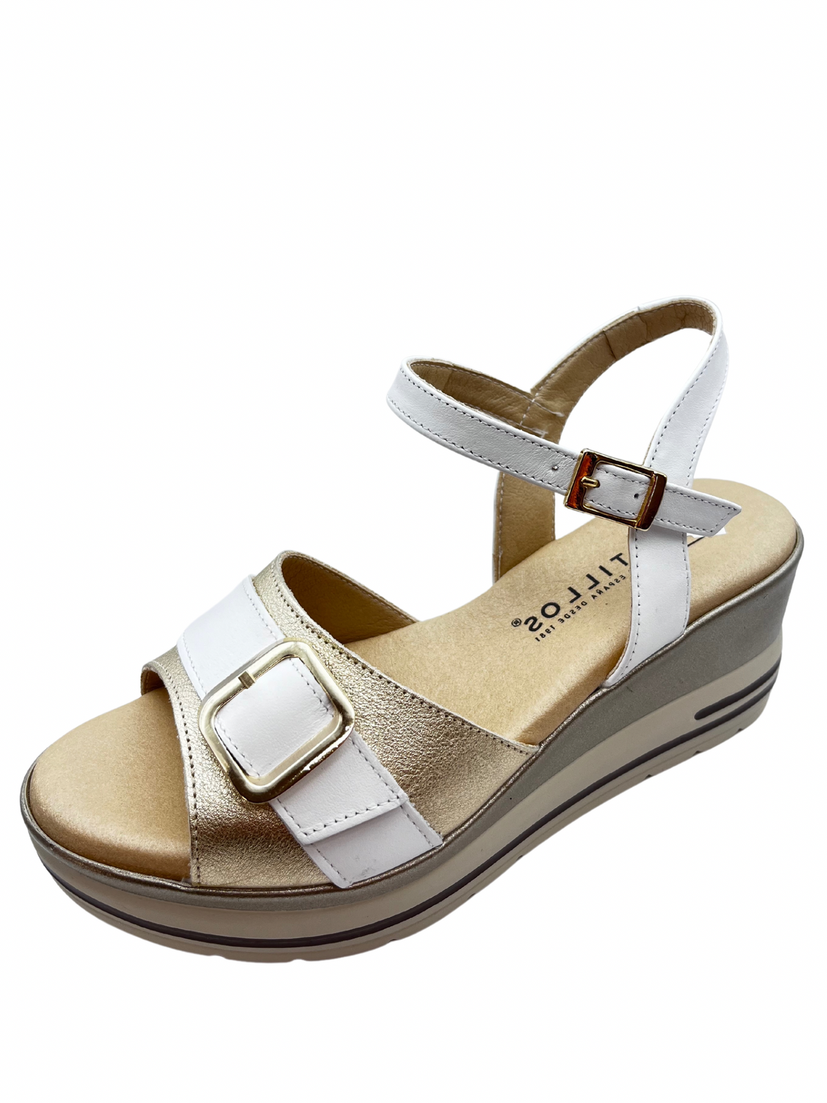 Pitillos Leather Gold Shimmer &amp; White Wedge Sandal