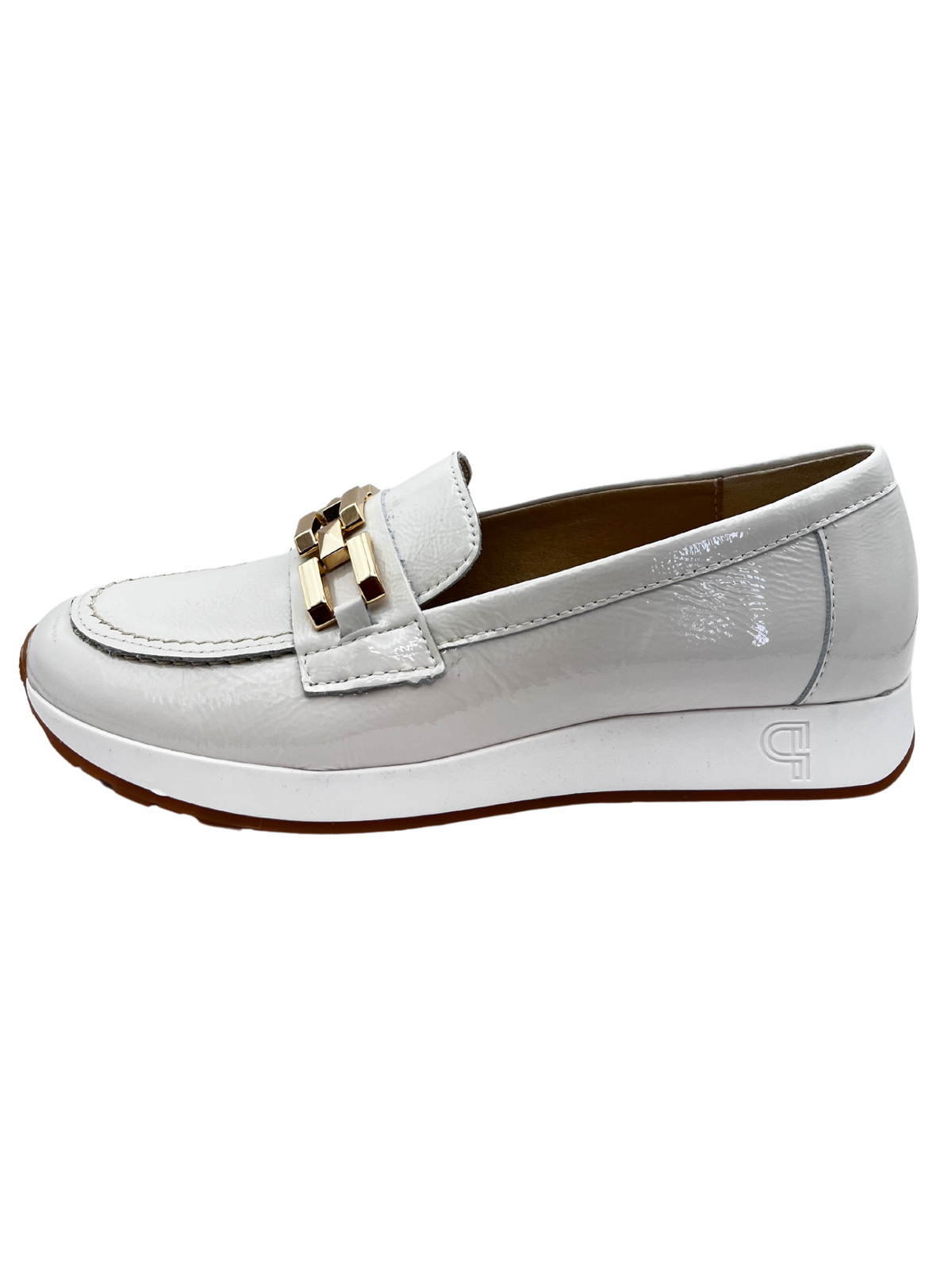 Pitillos White Patent Loafer With Gold Chain