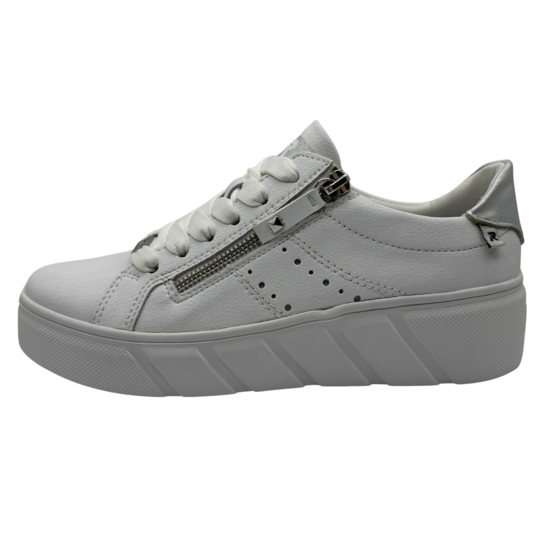 Rieker White Platform Trainers with Silver Detail and Side Zip