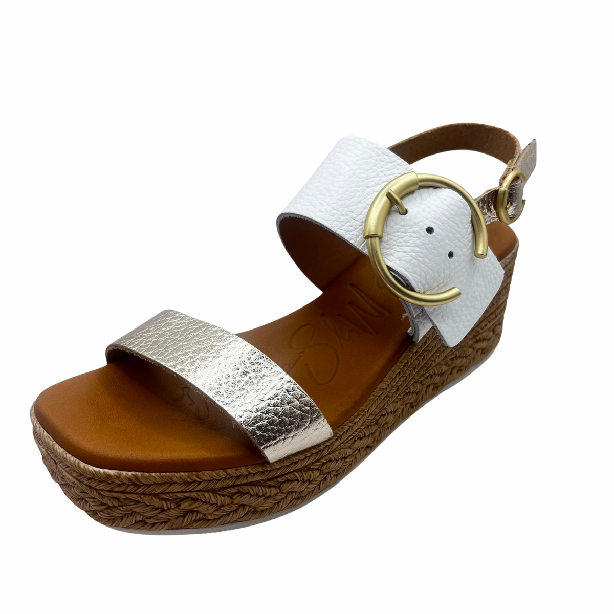 Oh My Sandals Woven Wedge White and Gold Leather Sandal