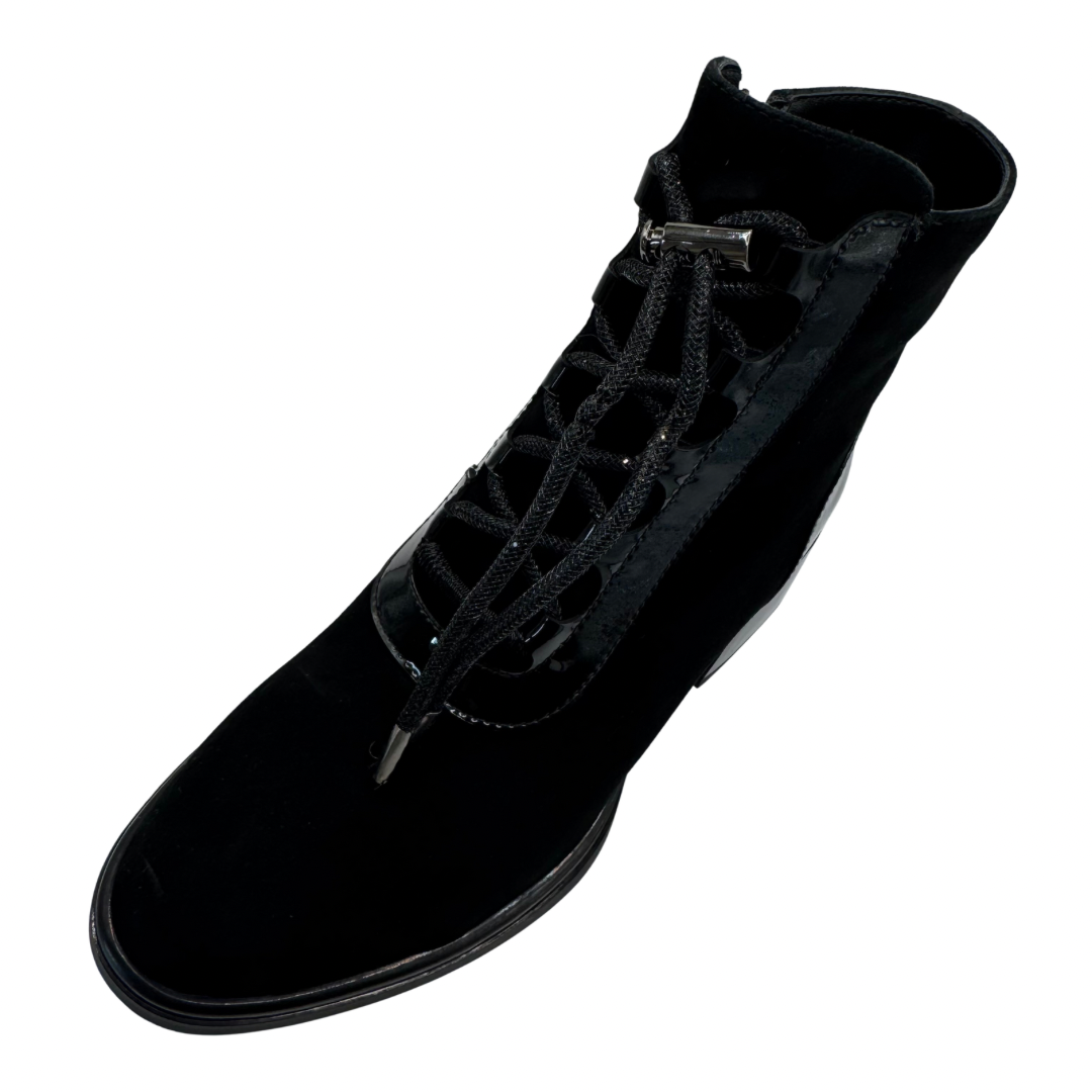Loretta Vitale Black Suede Heeled Boots with Patent &amp; Lace Detail