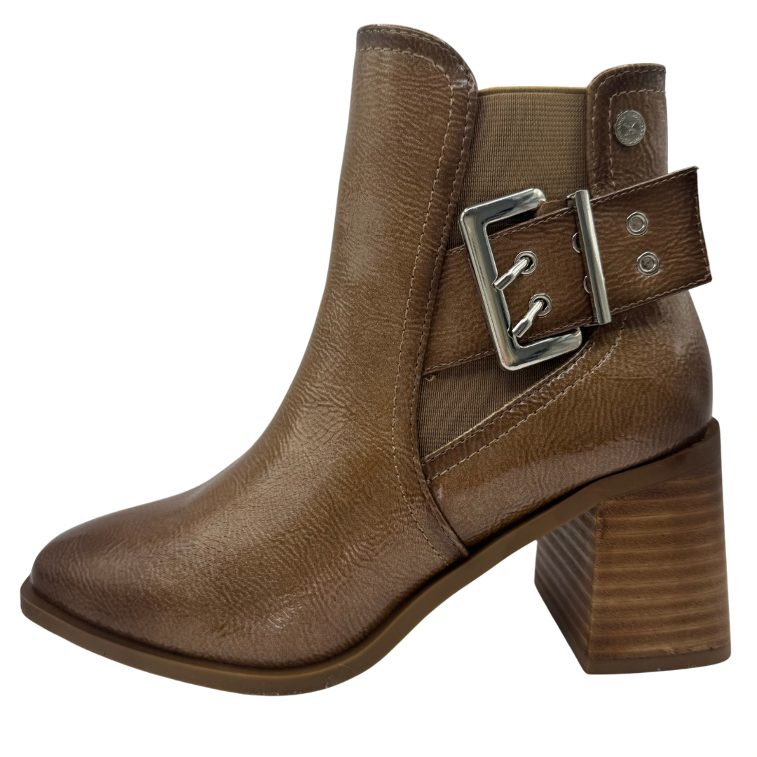 Xti Brown Patent Block Heel Boots
