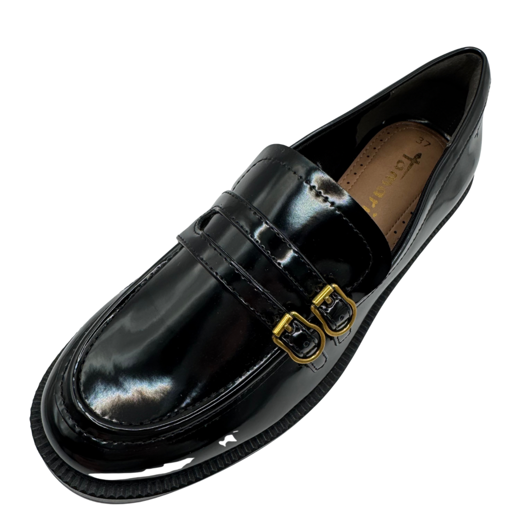 Tamaris Black Patent Loafers with Double Buckle Detail