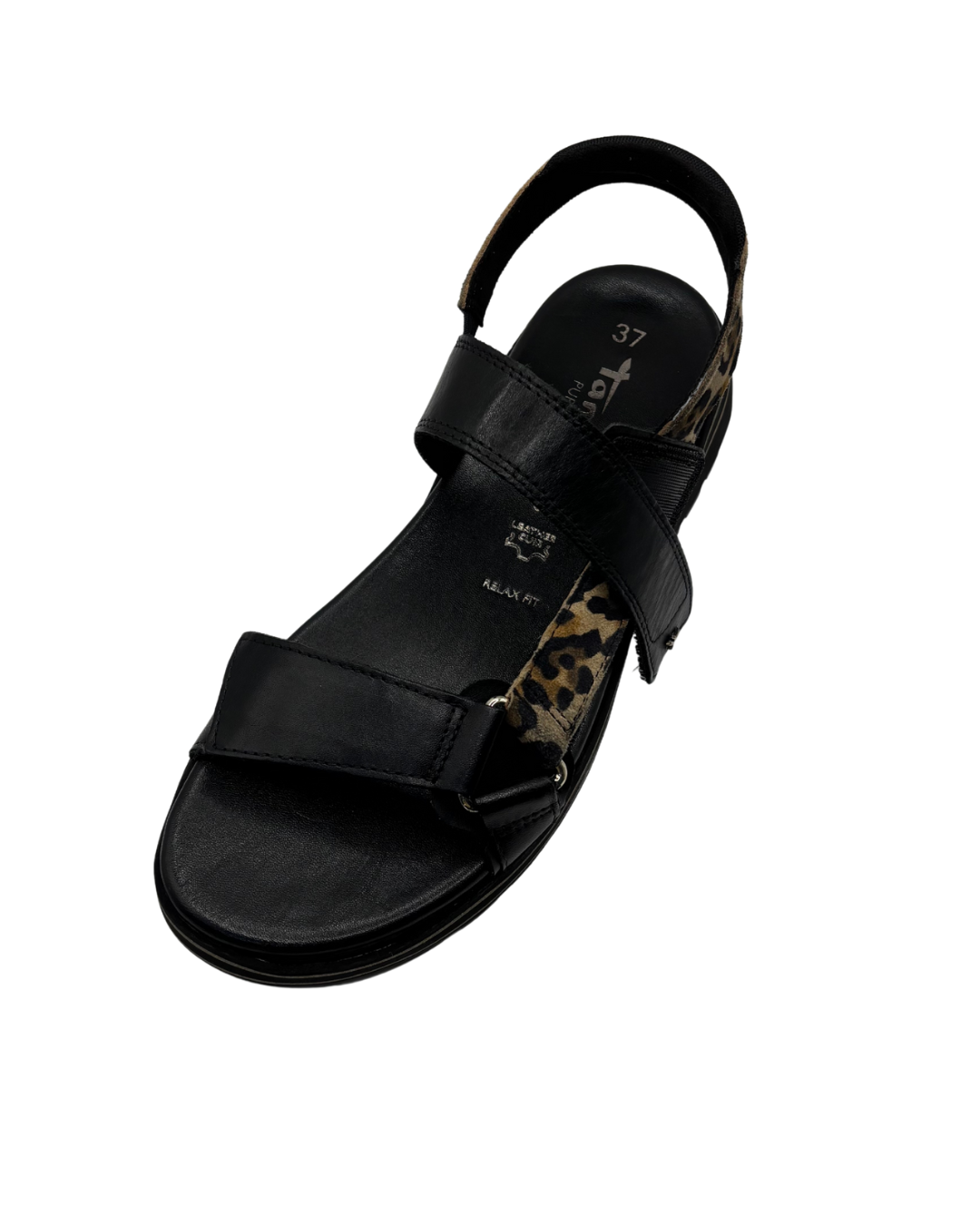 Tamaris Black Sandal With Leopard Print Velcro Strap